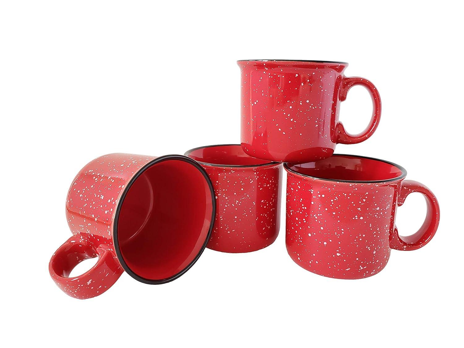 14oz Ceramic Campfire Coffee Mug (Set of 4), Red with Speckled Finish - Durable Thick Walled Camping Style Cup for Outdoors or Home