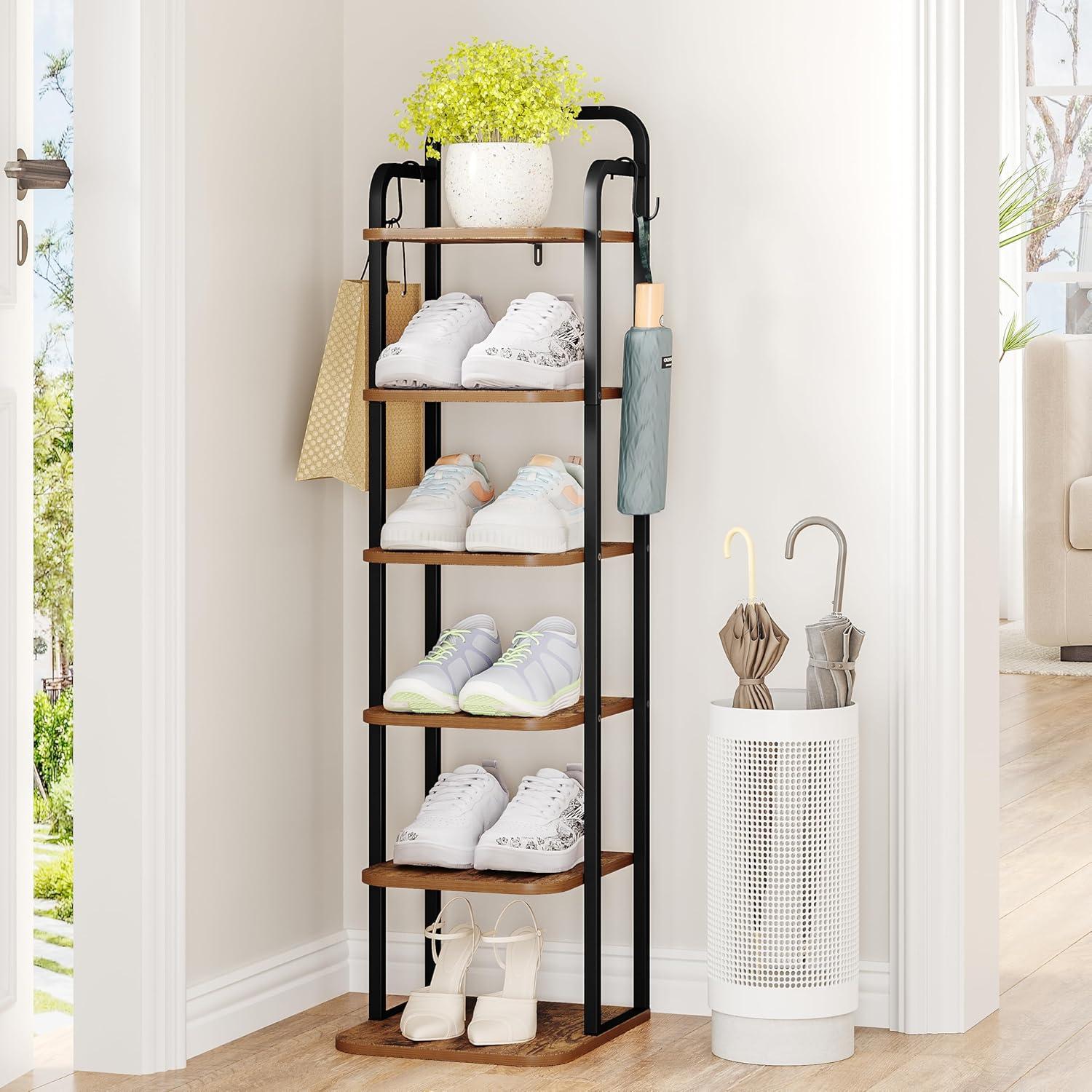 Vertical Shoe Rack, Shoe Shelves, Wood Shoe Organizer For Closet, Entryway, Shoe Tower For Small Spaces, Free Standing, Adjustable, With 2 Hooks, 6 Tier Rustic Brown
