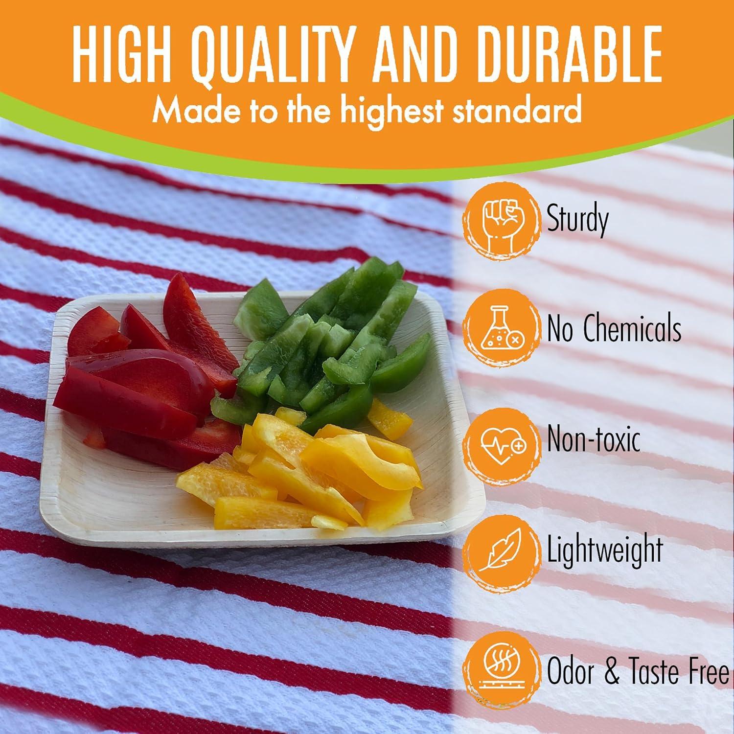 Raj Eco Compostable Palm Leaf Plates Like Bamboo Plates Disposable - 6 Inch Square 50 Party Plate, Natural Wooden, Eco-Friendly, Fancy Biodegradable & Disposable Dessert Appetizer Plate