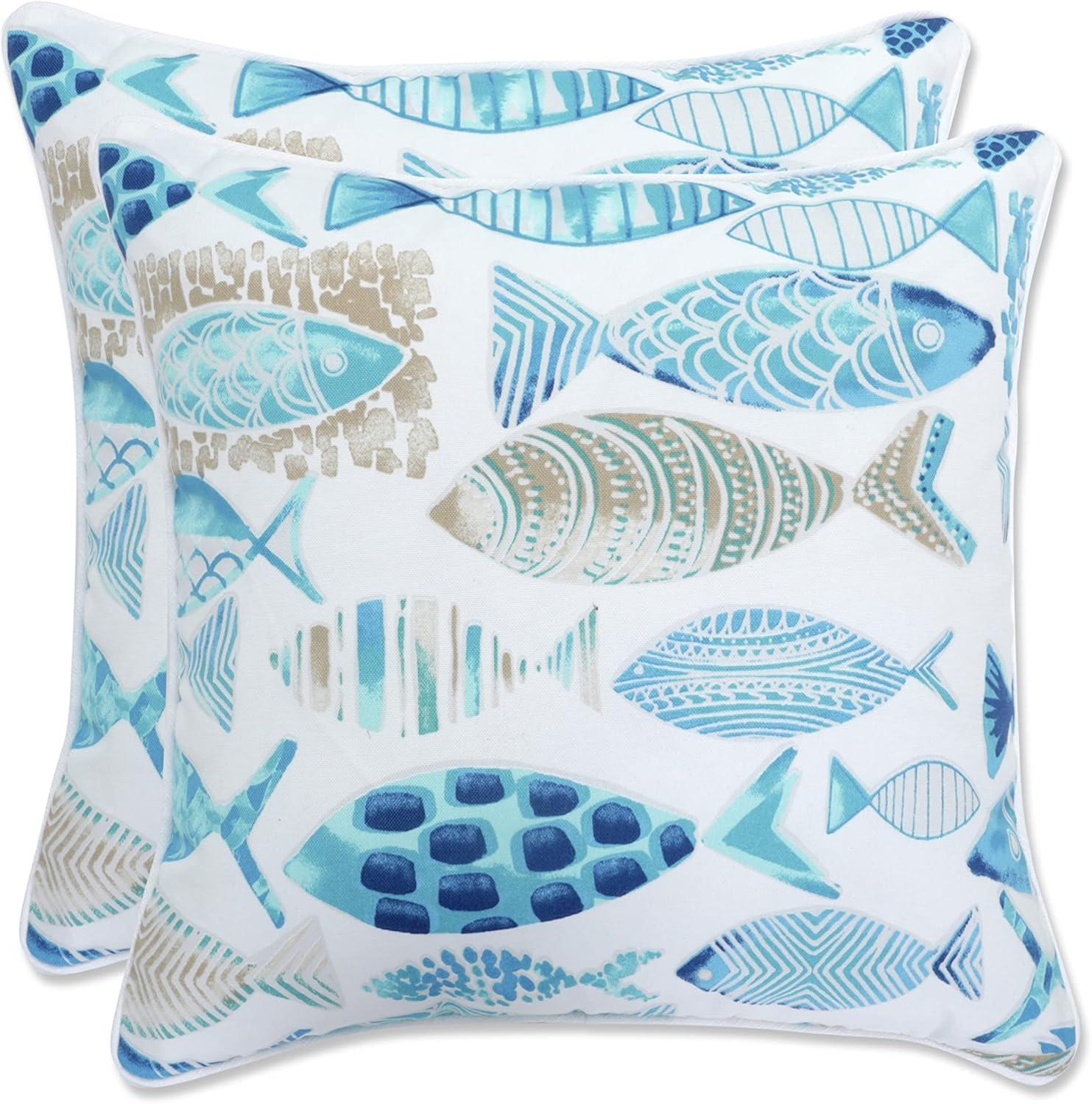 Blue and White Nautical Fish Outdoor Throw Pillow Set