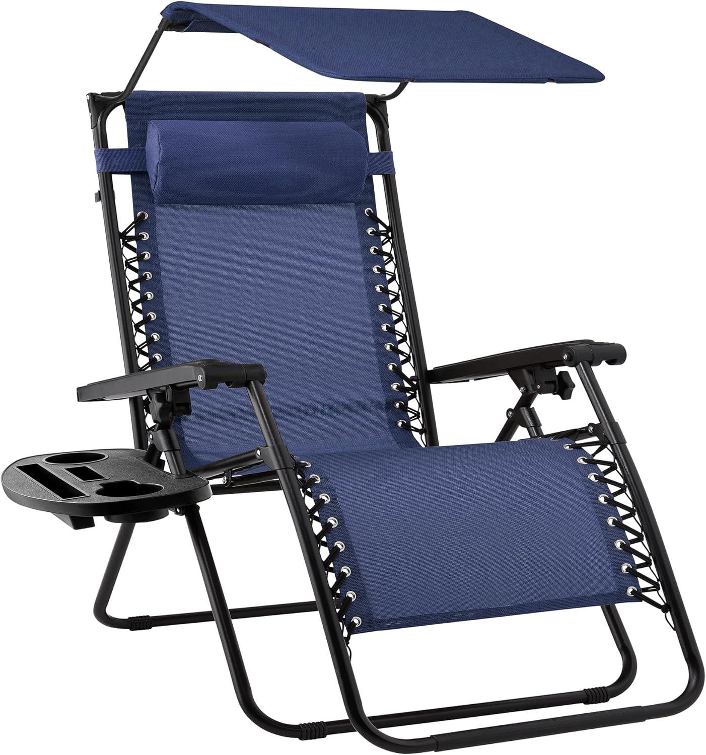 Best Choice Products Folding Zero Gravity Recliner Patio Lounge Chair w/ Canopy Shade, Headrest, Side Tray - Navy Blue