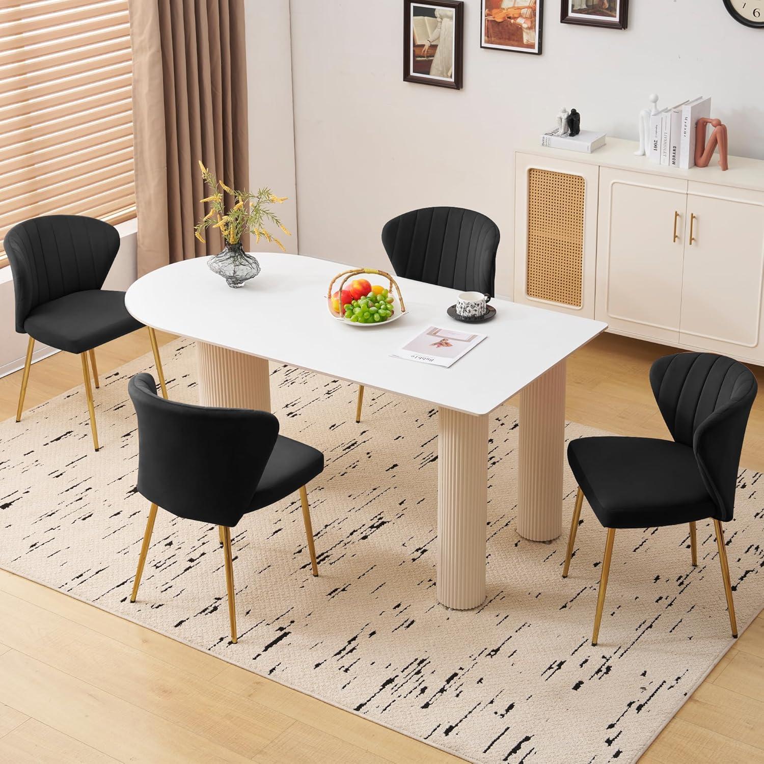 Velvet Dining Chairs Set of 2, Modern Upholstered Vanity Chairs with Golden Metal Legs for Dining Room Kitchen Vanity Patio (Black)