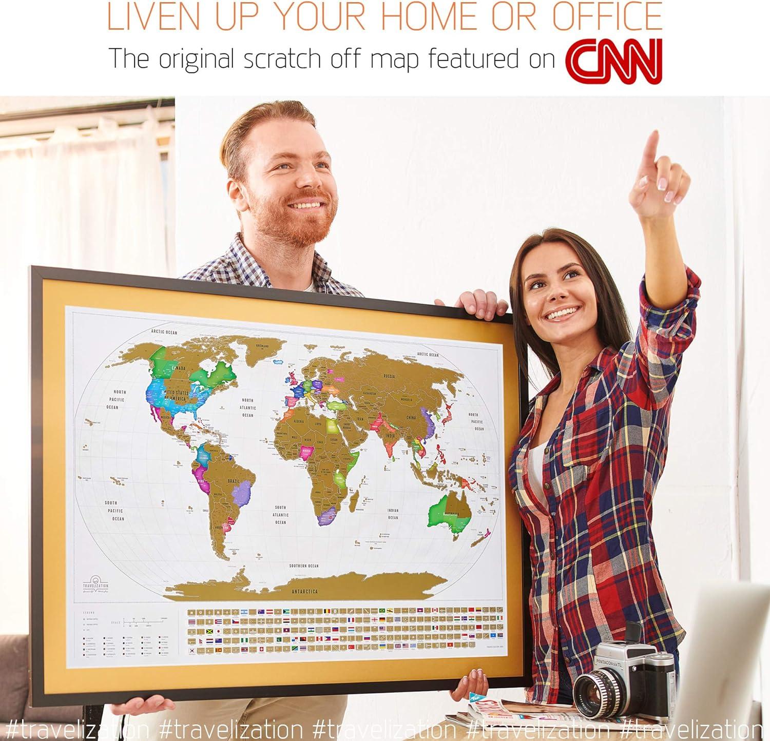 XL Scratch Off World Map with 196 Country Flags 36" x 24" Frameable Travel Map with Vibrant Colors and Premium Gold Coating, Beautiful Visited Places Tracker for Travelers, White