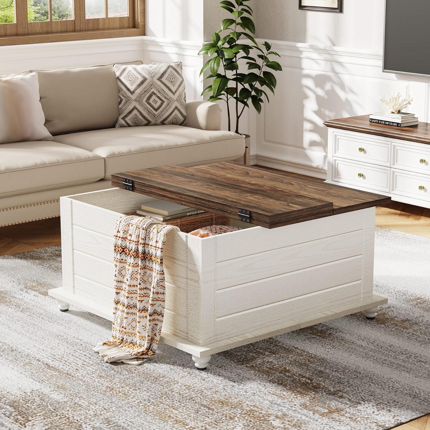 Farmhouse Coffee Table, Wood Center Table with Hidden Storage Compartment