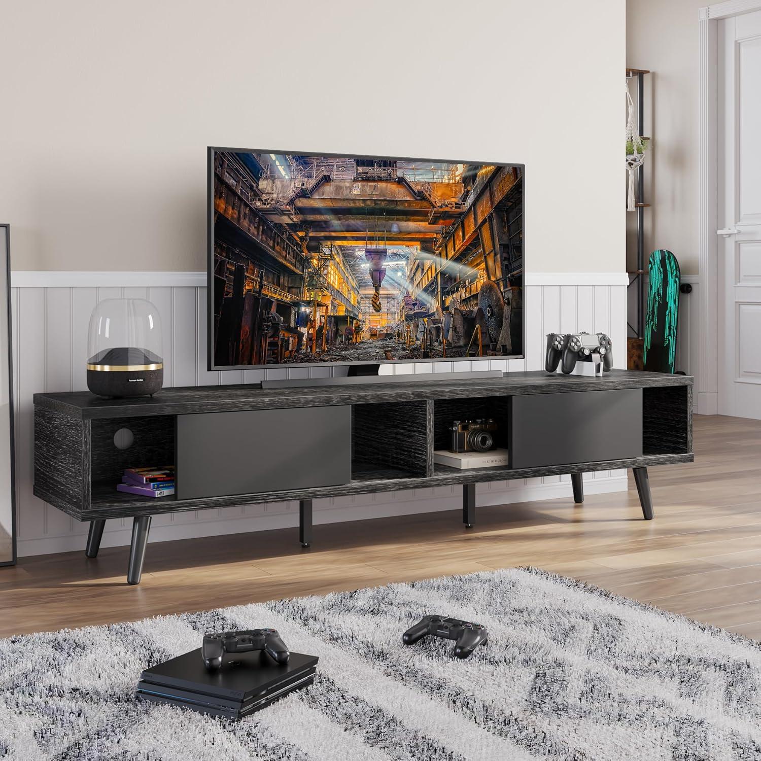 Bestier 70 inch Mid Century Modern TV Stand,Low Profile TV Console for 75 inch TV in Living Room,Black