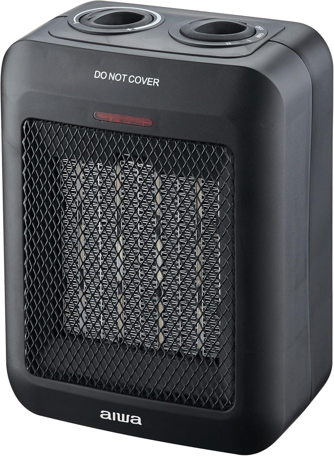 Aiwa 1500W Small Ceramic Room Heater, Overheat Protection, Tip over Auto Shutoff - Black