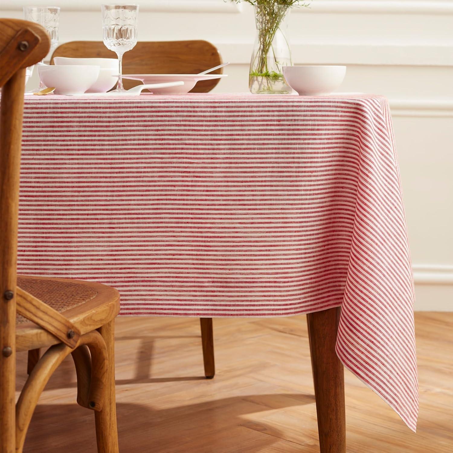 Red and White Striped Linen Rectangular Tablecloth 60 x 90 Inch