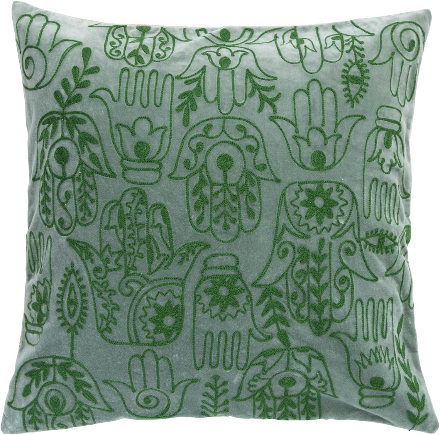 Forest Green Cotton Velvet Throw Pillow with Hamsa Hand Embroidery