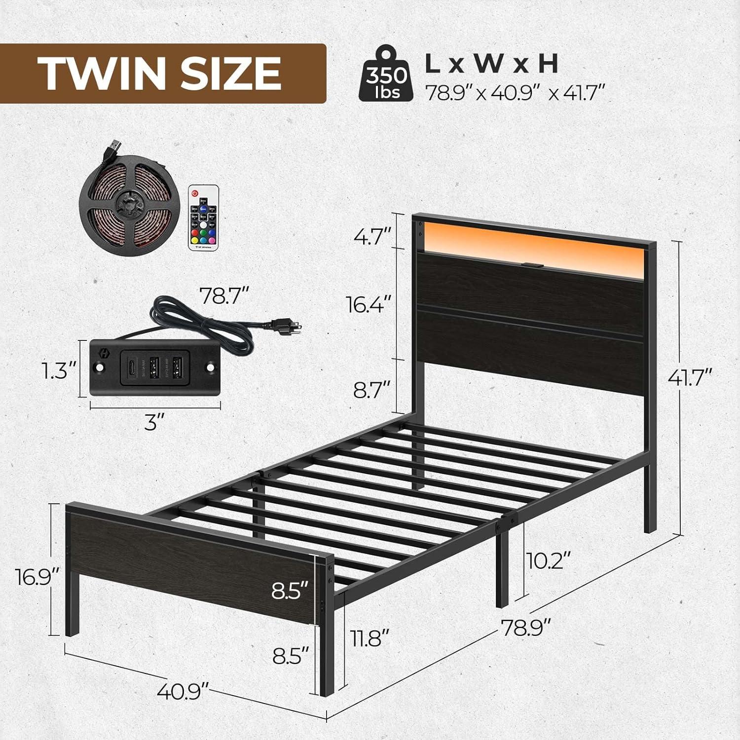 Black Twin Metal Bed Frame with LED Headboard and Storage