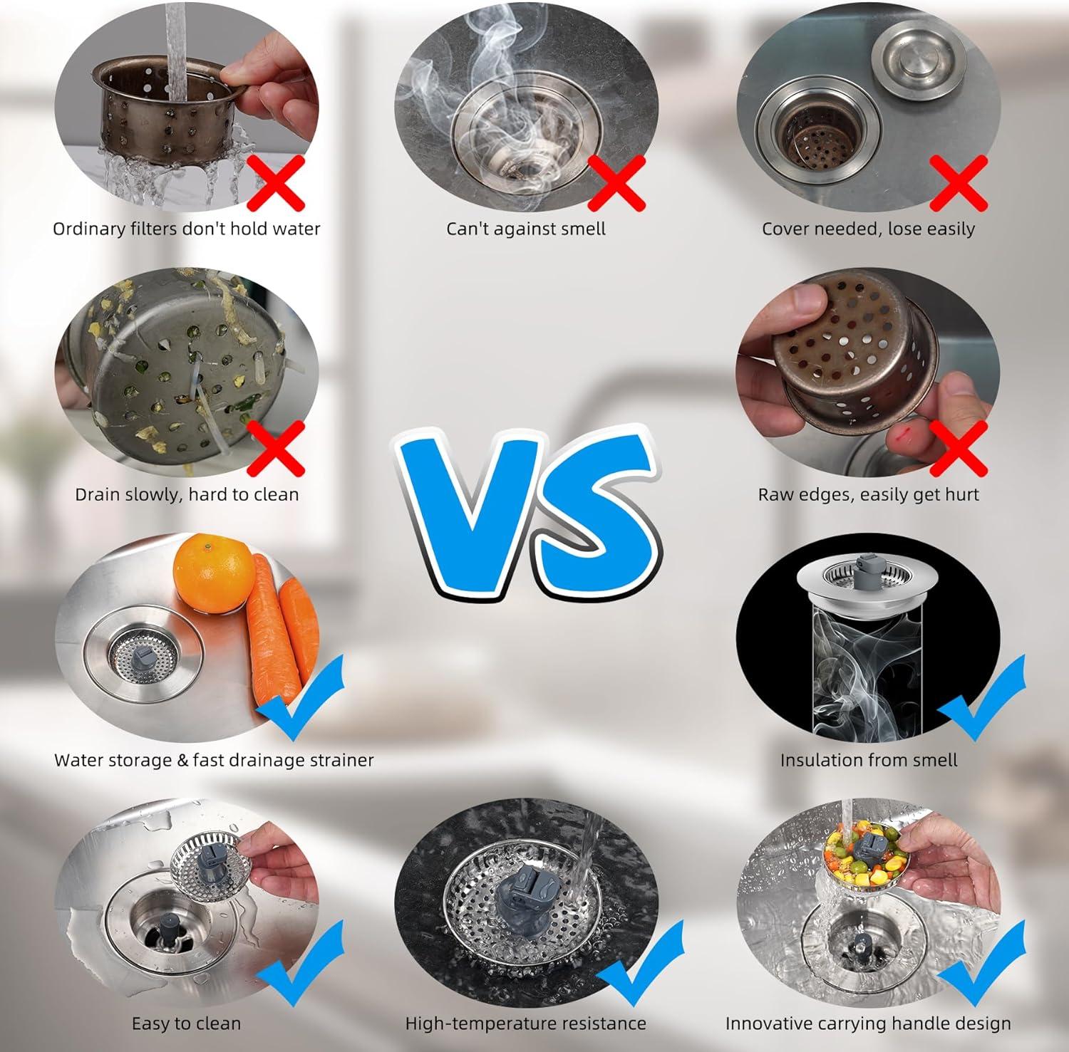 Hibbent 3-in-1 Kitchen Sink Drain Strainer  Stopper , Stainless Steel Pop-Up Design, Anti-Clogging Metal Basket with Handle, Compatible with US Standard 3-1/2" Drain