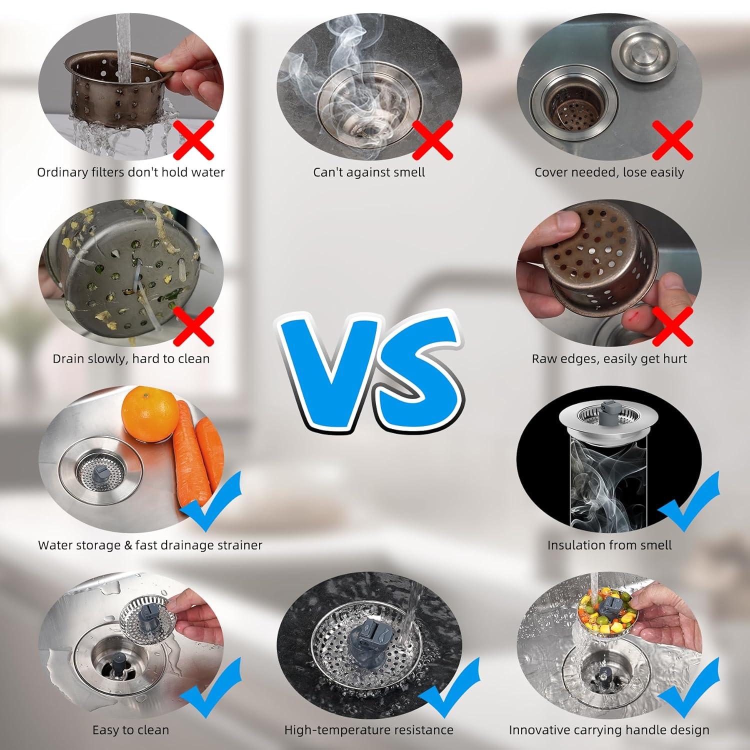 Hibbent 3-in-1 Kitchen Sink Drain Strainer  Stopper , Stainless Steel Pop-Up Design, Anti-Clogging Metal Basket with Handle, Compatible with US Standard 3-1/2" Drain