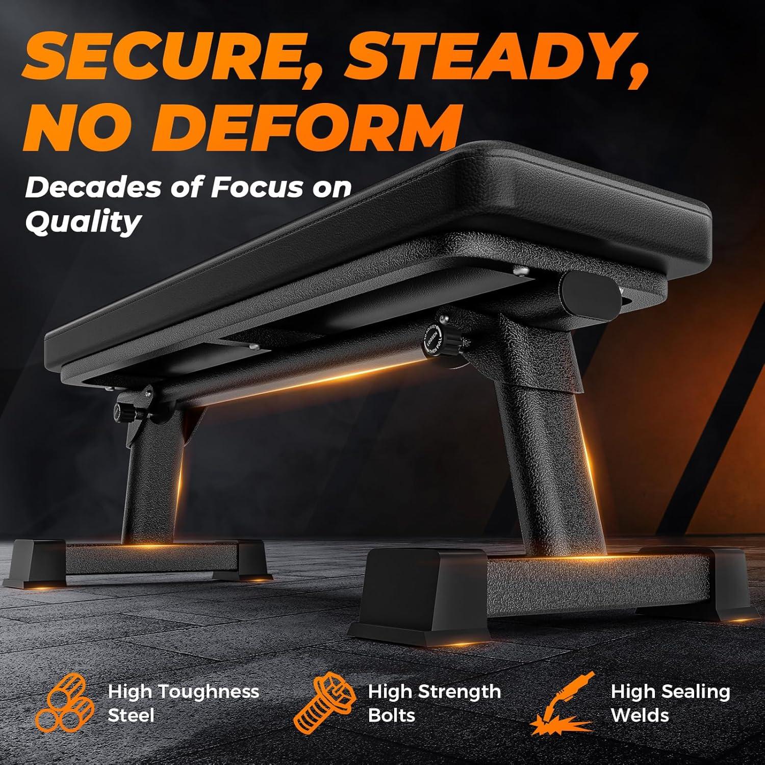 Finer Form Gym Quality Foldable Flat Bench for Multi-Purpose Weight Training and Ab Exercises (Black)