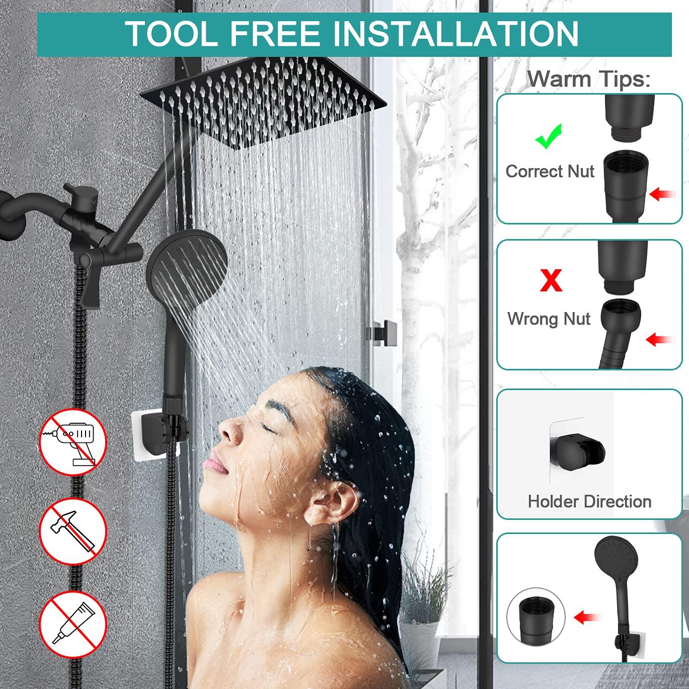 Shower Head with Hose, 8'' High Pressure Rain Shower Head, Handheld Shower Head Combo with 11'' Extension Arm, 5 Spray Settings Adjustable Shower Head with Holder, Height/Angle Adjustable