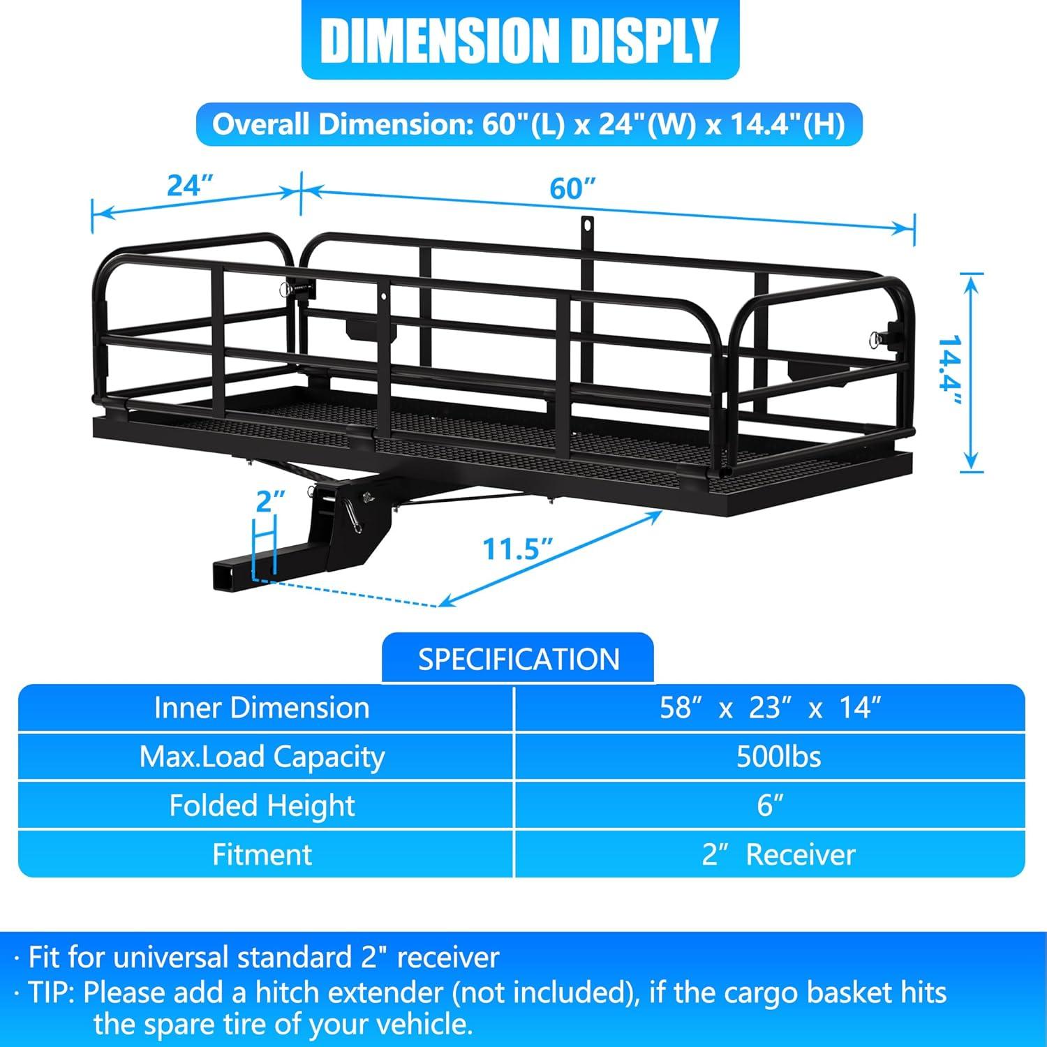 Heavy Duty Black Steel Folding Hitch Cargo Carrier 60" x 24"