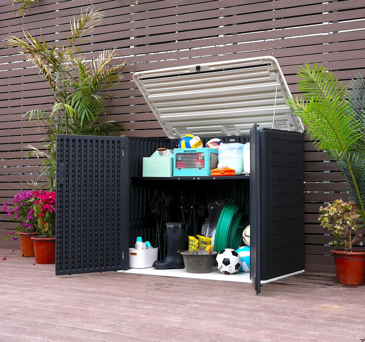 Large Brown Resin Outdoor Storage Shed with Shelving