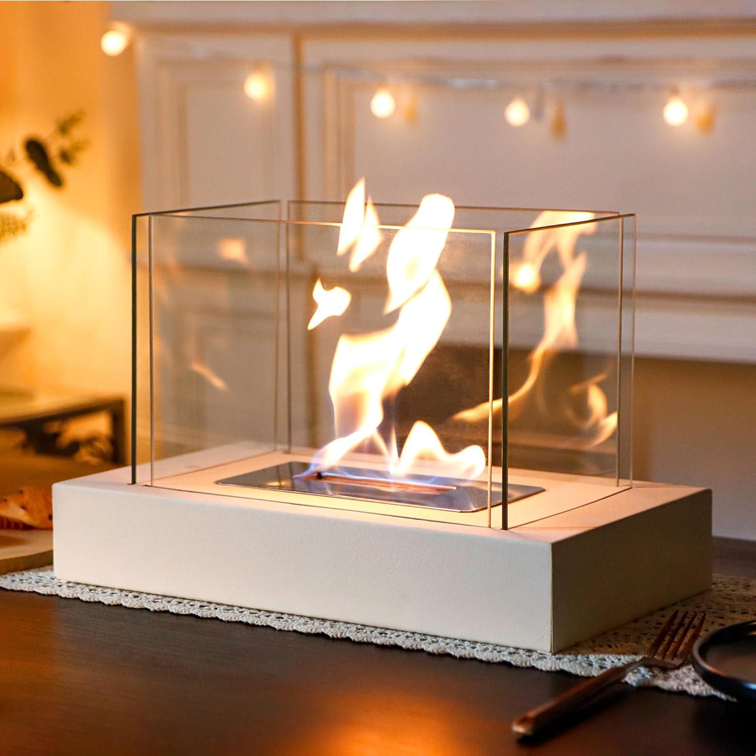 13.5" White Glass and Steel Portable Tabletop Fireplace