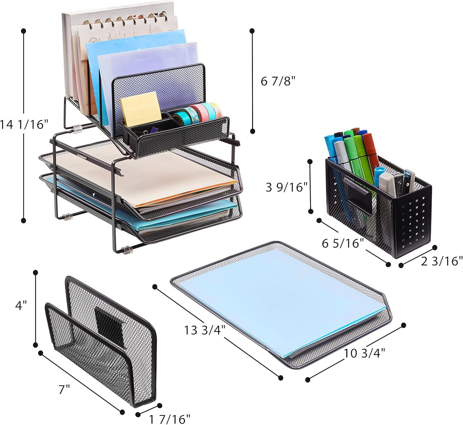 DESIGNA Stackable Mesh Desk Organizer with 3 Sliding Letter Tray Drawers, 4 File Holders Sorter Section, 2 Side Compartments, Pencil Holder Non-slip All In One Desktop Organizers Office Storage, Black