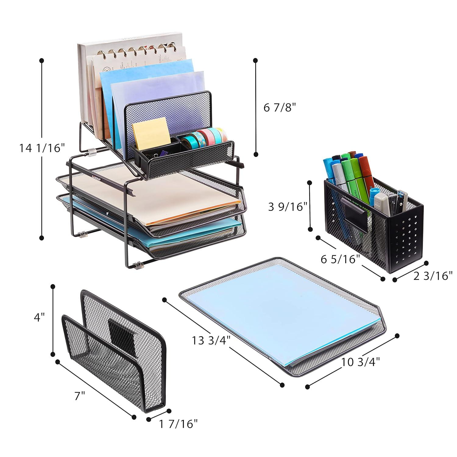 DESIGNA Stackable Mesh Desk Organizer with 3 Sliding Letter Tray Drawers, 4 File Holders Sorter Section, 2 Side Compartments, Pencil Holder Non-slip All In One Desktop Organizers Office Storage, Black