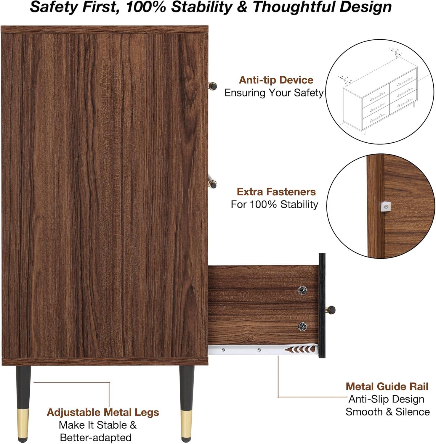 Finnhomy 6 Drawer Dresser for Bedroom, Mid Century Modern Dressers with Black Drawers, Wood Gold Dresser & Chest of Drawer with Wide Metal Handle Wooden Dresser for Bedroom/Living Room/Hallway
