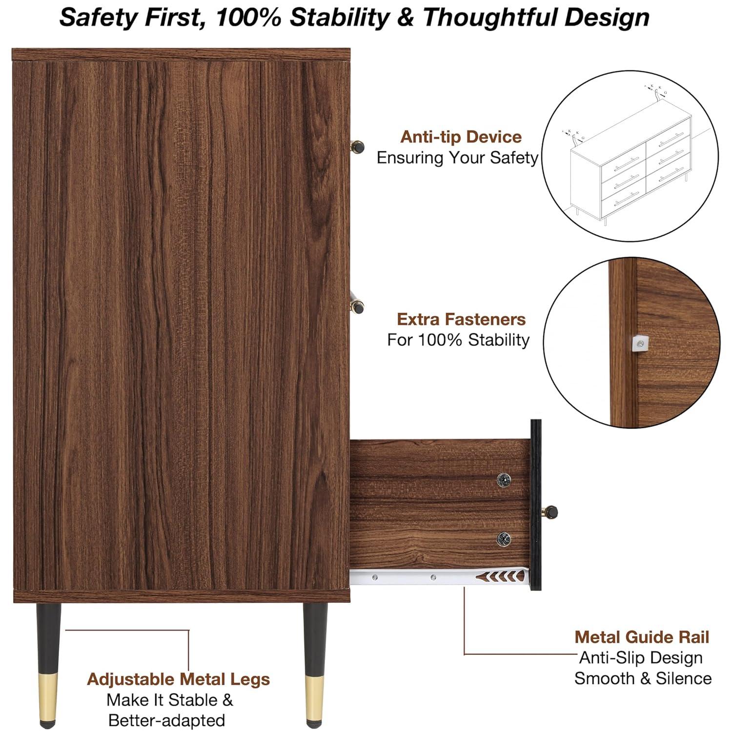 Finnhomy 6 Drawer Dresser for Bedroom, Mid Century Modern Dressers with Black Drawers, Wood Gold Dresser & Chest of Drawer with Wide Metal Handle Wooden Dresser for Bedroom/Living Room/Hallway