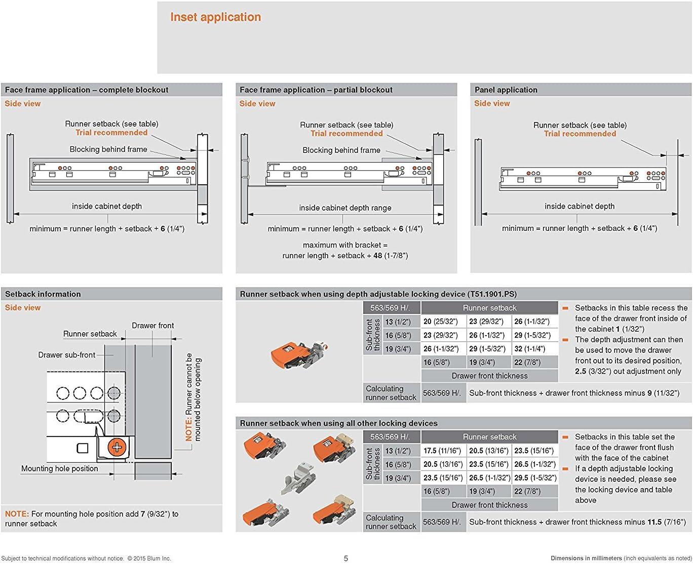 18" BLUM Tandem Set of 6 Drawer Slides Plus BLUMOTION Complete Kit. with Runners 563H, Locking Devices, Rear mounting Brackets, and Screws (for face Frame or Frameless Application)