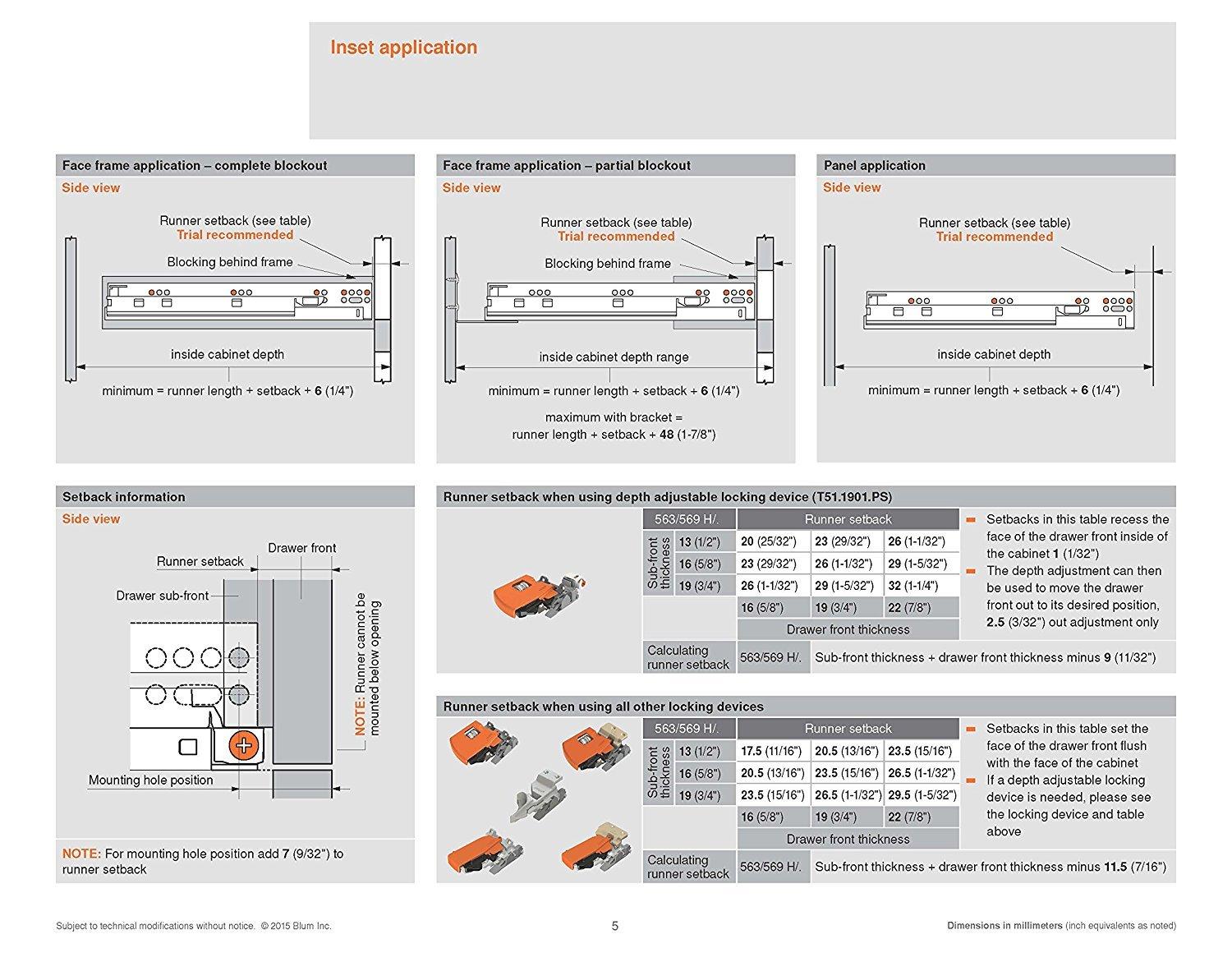18" BLUM Tandem Set of 6 Drawer Slides Plus BLUMOTION Complete Kit. with Runners 563H, Locking Devices, Rear mounting Brackets, and Screws (for face Frame or Frameless Application)
