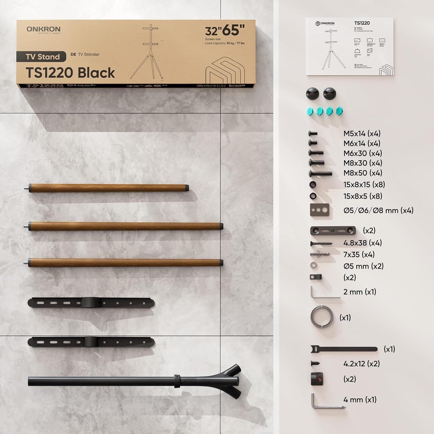 ONKRON Tripod TV Stand Wood for TVs up to 65" and 77 lbs, Swivel Floor Corner TV Stand Adjustable