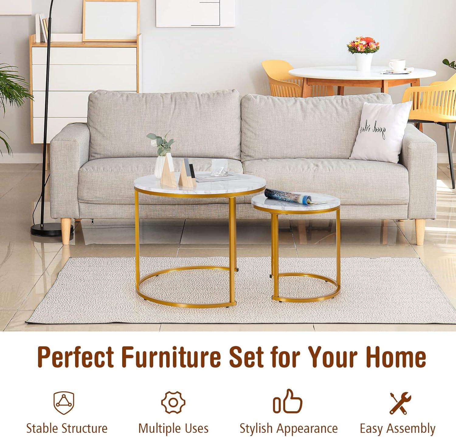 Costway Nesting Coffee Table Set of 2 for Balcony Living Room Modern Round Side Tables Rustic Brown