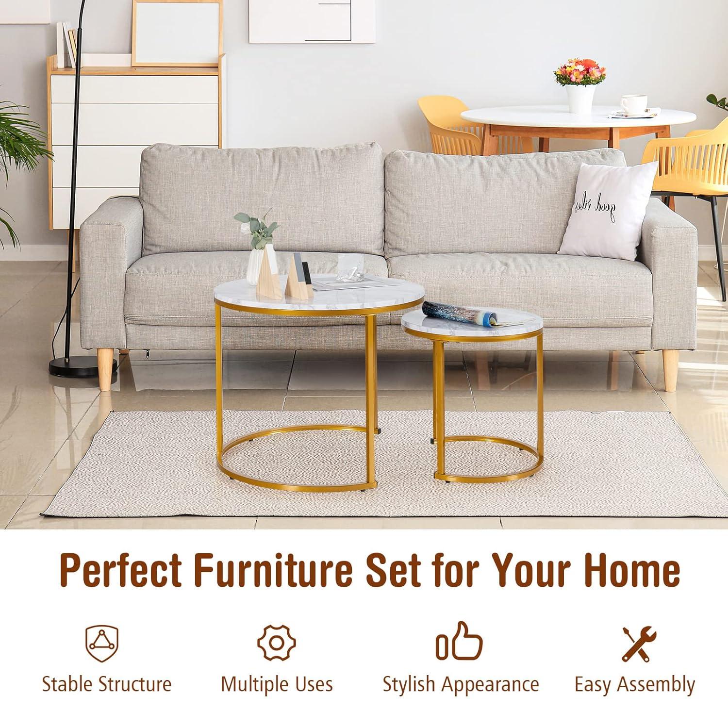 Costway Nesting Coffee Table Set of 2 for Balcony Living Room Modern Round Side Tables Rustic Brown