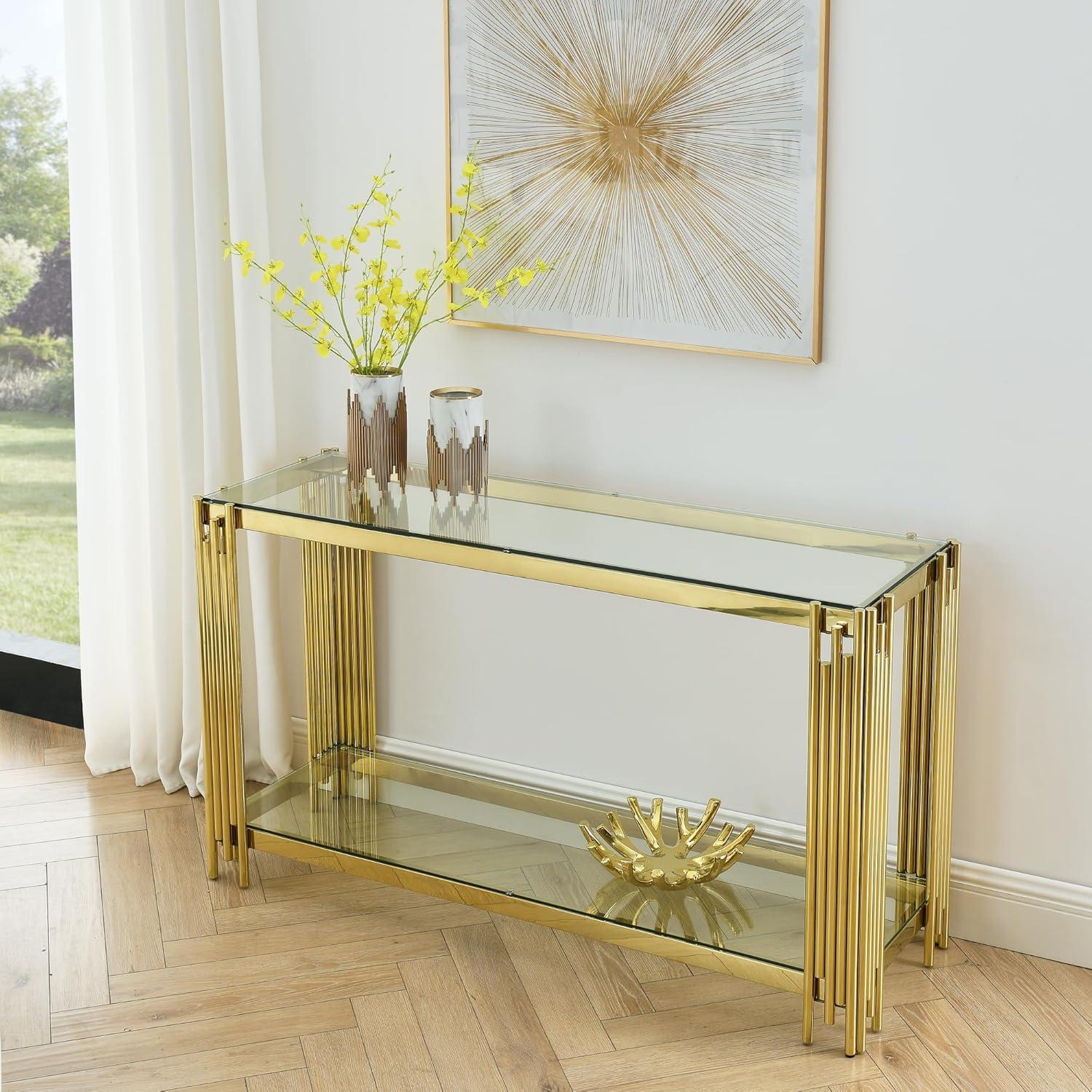 Modern Glass Console Table, 55" Gold Sofa Table with Sturdy Metal Frame and Clear Tempered Glass Top, for Living Room Entryway Bedroom, Gold Finish 00009