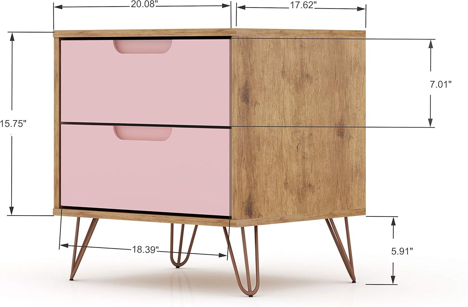 2.0 Rockefeller Nightstand Natural/Rose Pink - Manhattan Comfort: Modern MDF Bedside Storage with Metal Glides