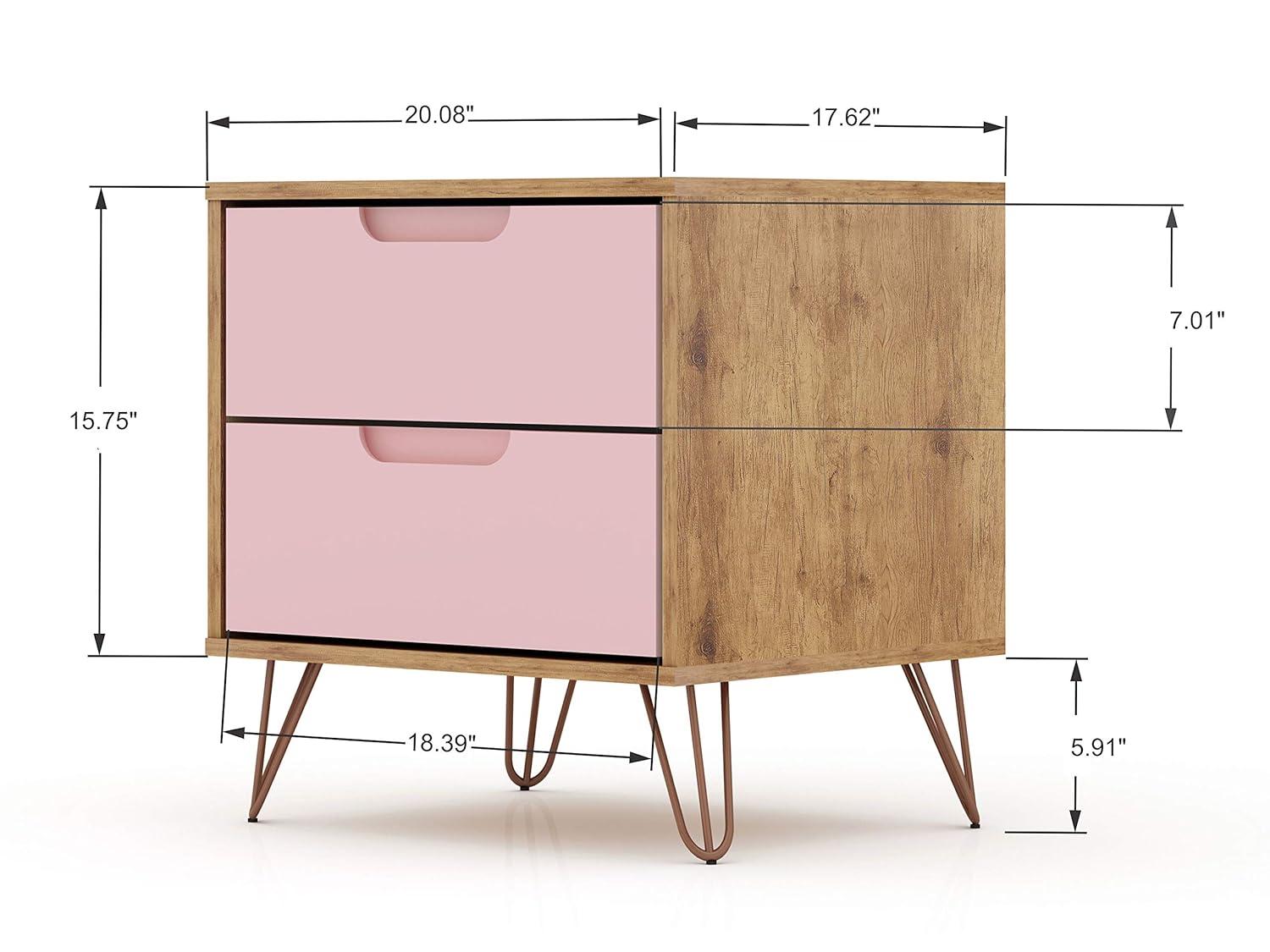 2.0 Rockefeller Nightstand Natural/Rose Pink - Manhattan Comfort: Modern MDF Bedside Storage with Metal Glides