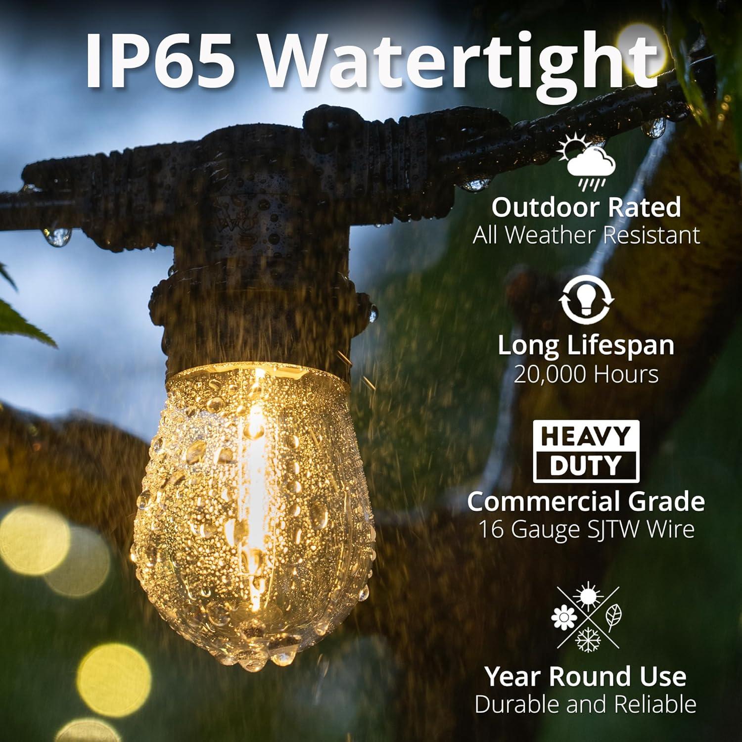 15’ LED Patio Lights, Black E26 SJTW Commercial Watertight Patio Stringer, with 10 Warm White S14 Vintage Edison Filament Bulbs, 18” Spacing
