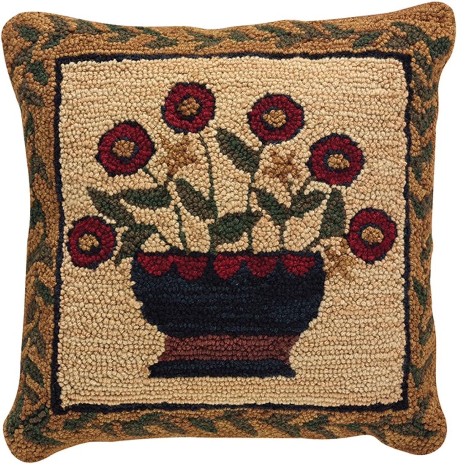 Floral Basket 14"x16" Hand-Hooked Cotton-Polyester Pillow Cover