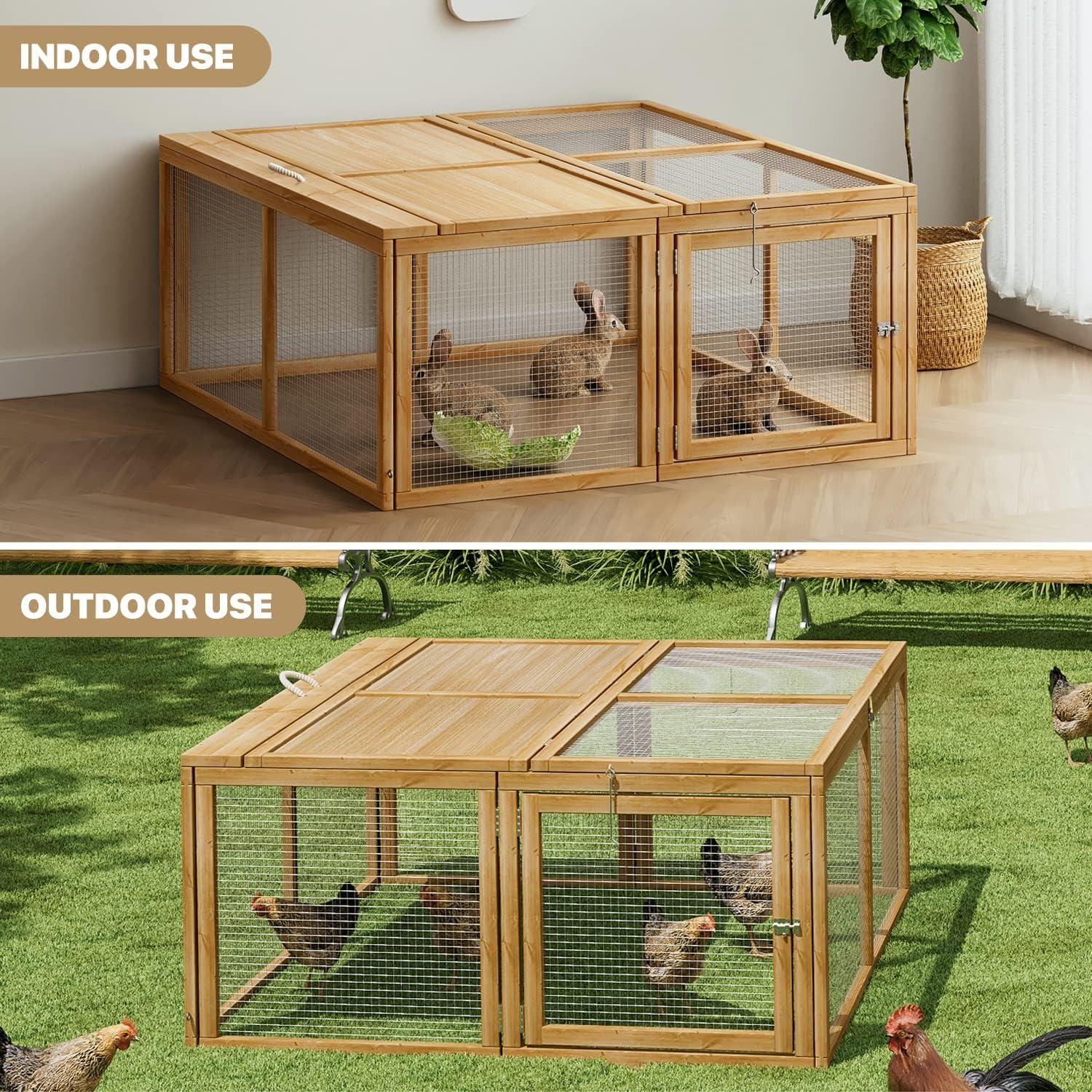 MoNiBloom 45.5" Wooden Chicken Coop Rabbit Hutch, Fir Wood Pet Cage Small Animal Poultry Cage Run with 2 Access Areas, Foldable Pet House Outdoor Large Hen House (Natural)