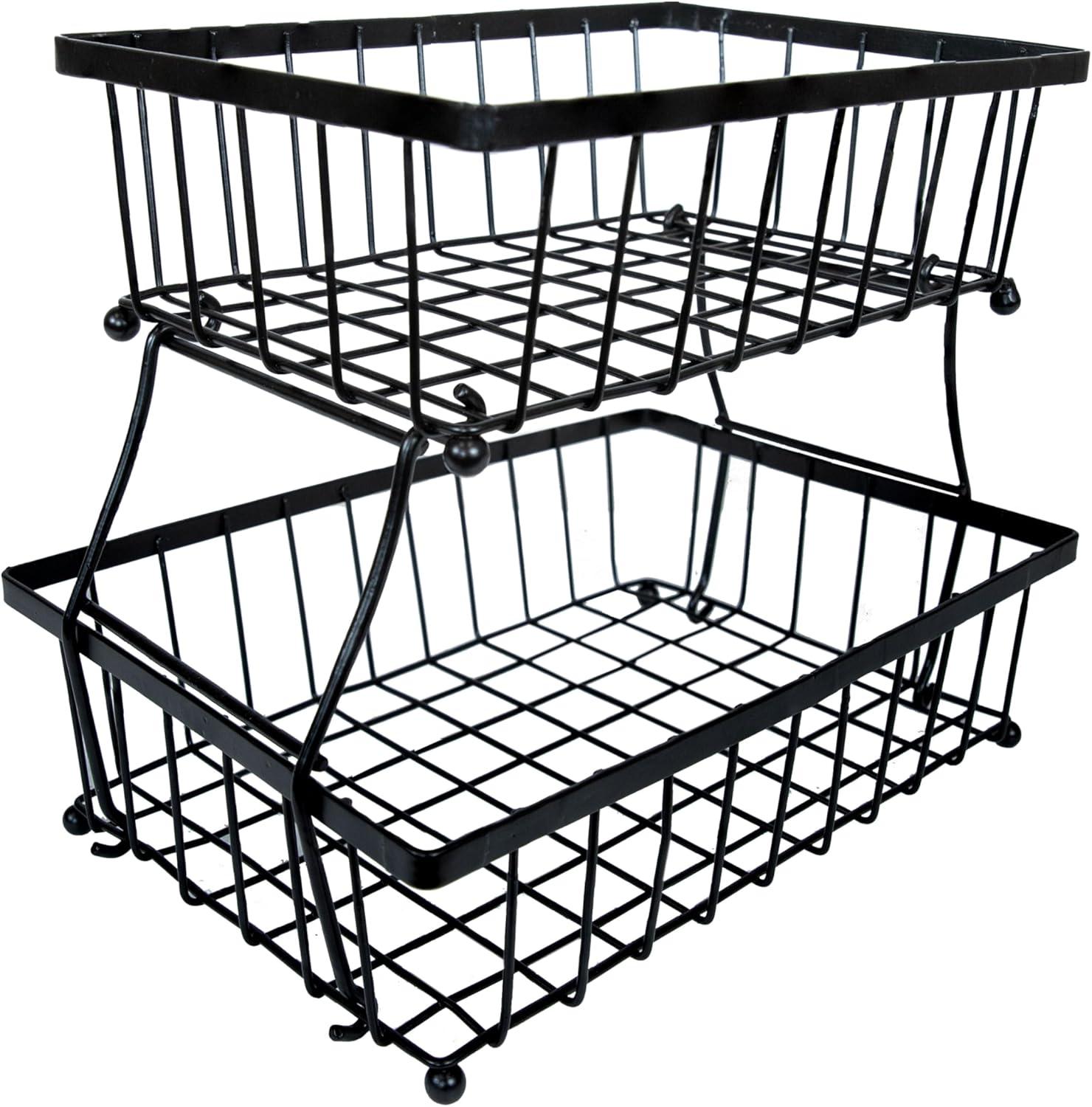 Sunnydaze Black Metal Wire Collapsible 2-Tier Fruit Basket for Kitchen Counter