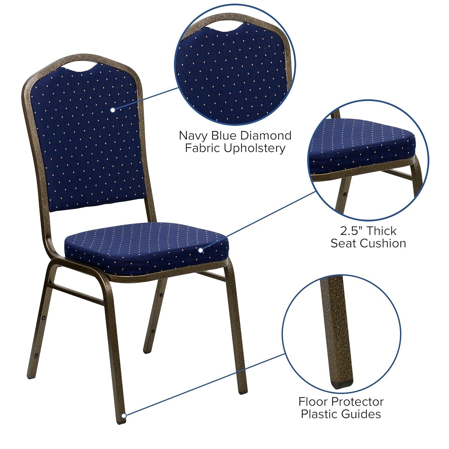 Flash Furniture HERCULES Series Crown Back Stacking Banquet Chair in Navy Blue Dot Patterned Fabric - Gold Vein Frame