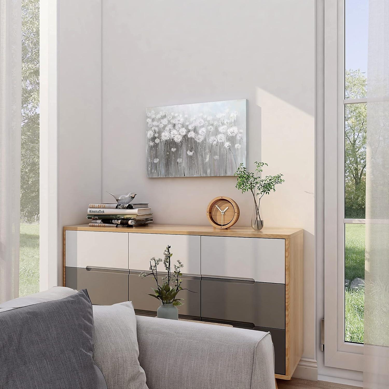 lamplig Wall Art Grey and White Flowers Modern Farmhouse Paintings Botanical Blossom Dandelion Pictures Artwork Floral Canvas Prints Living Room Bedroom Bathroom Home Decoration 16 x 24 Inch