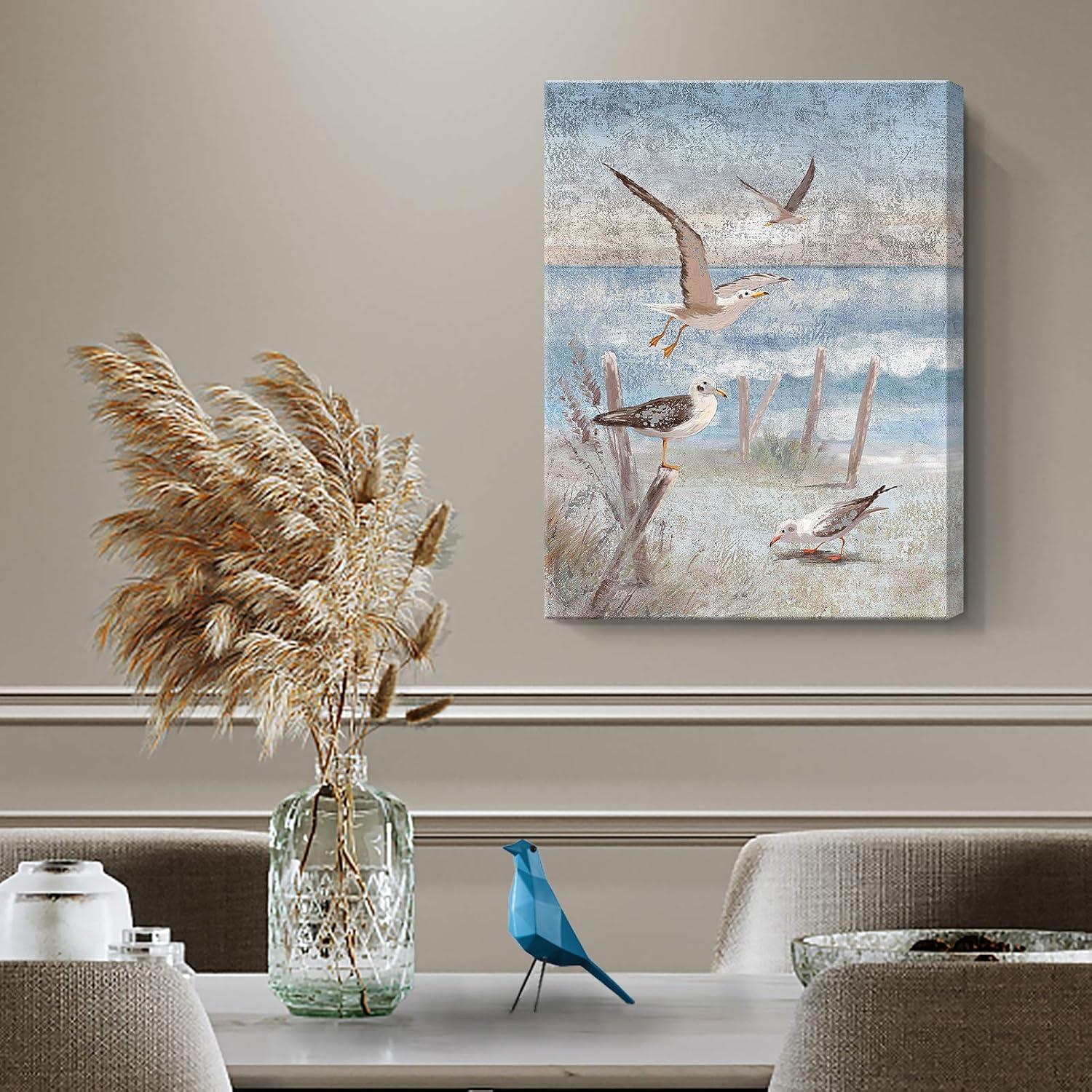 Beach Wall Art Bathroom Decor Ocean Theme Canvas Print Coastal Painting Perching Bird by The Sea Shore Abstract Seascape Picture Artwork for Bedroom Living Room Office Ready to Hang