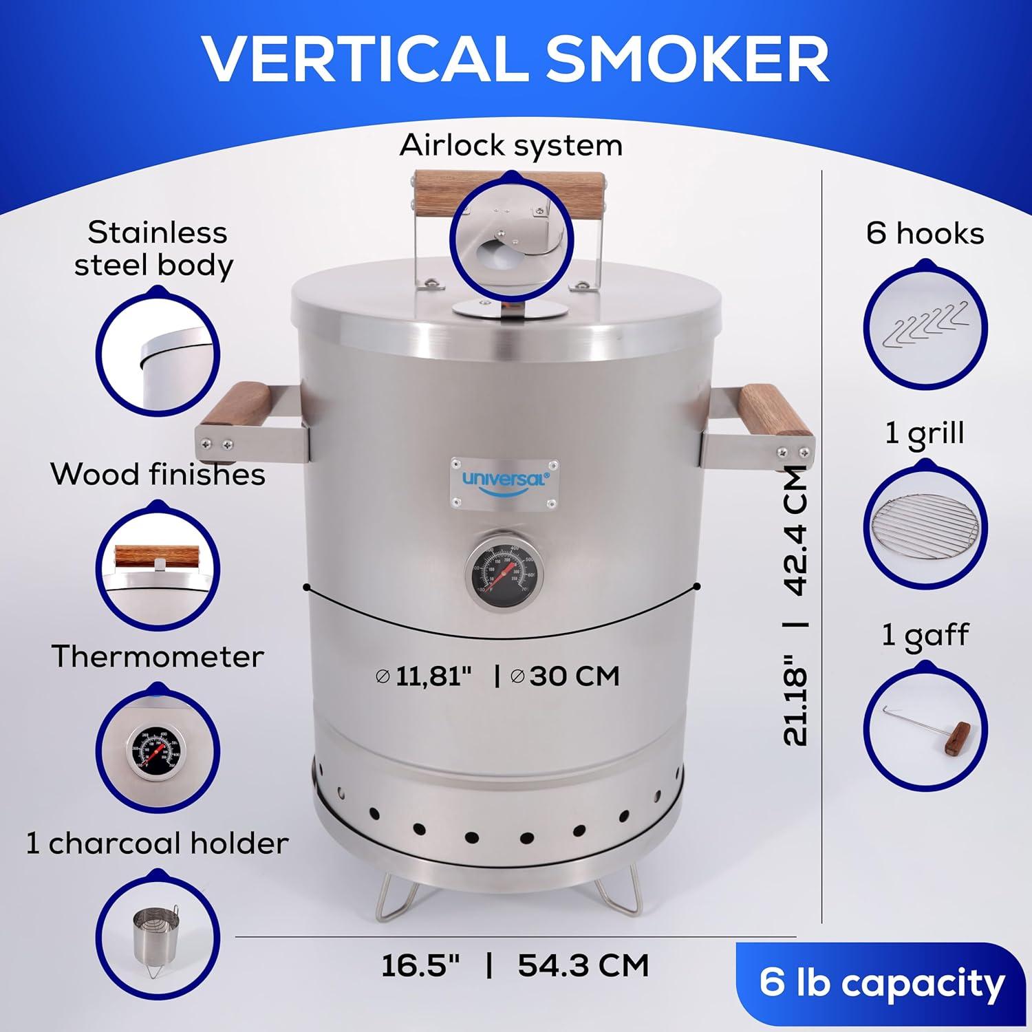 Universal Universal Stainless Steel Small 6-pound Charcoal Barrel Smoker with Thermometer, Grill & Smoker