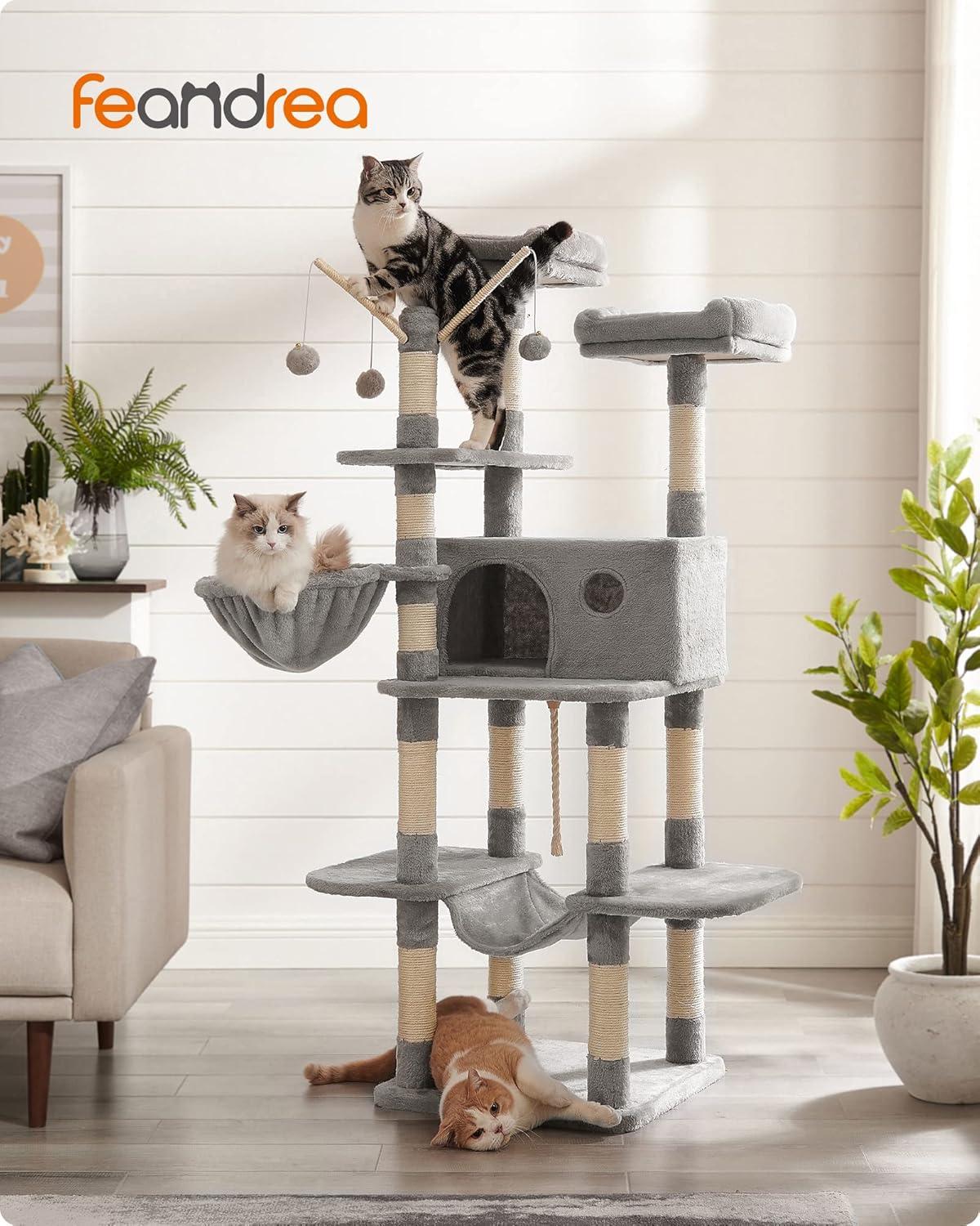 FEANDREA 64.6" Cat Tree Large Cat Tower Cat Activity Center with Hammock Cat Condo Light Gray