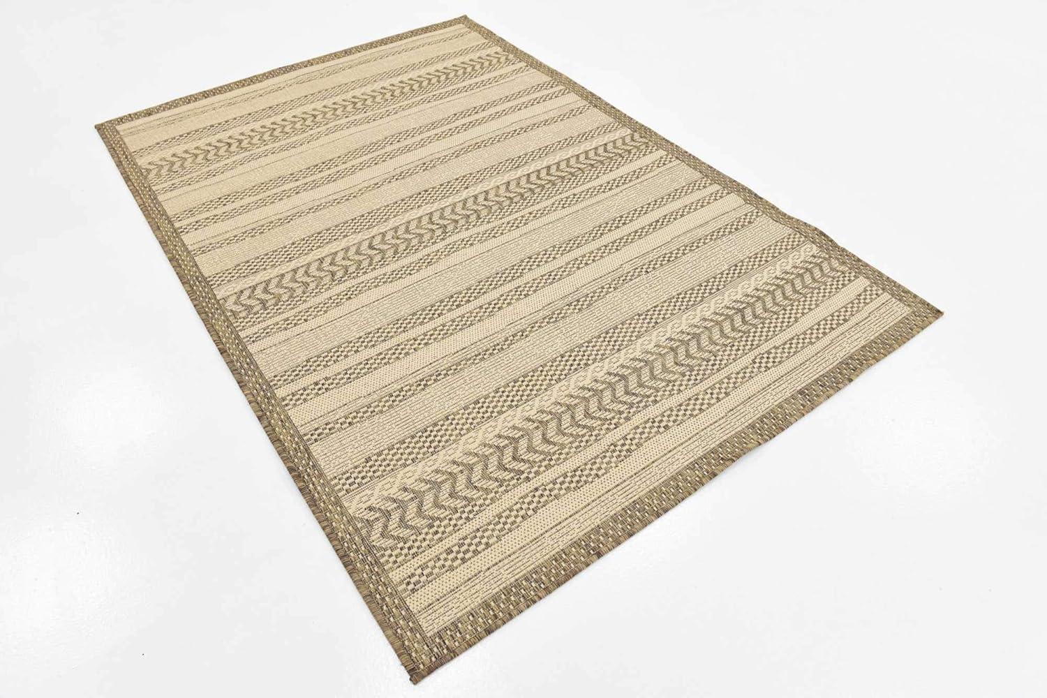 Unique Loom Outdoor Border Collection Area Rug - Lines (4' 1" x 6' 1" Rectangle, Beige/ Brown)