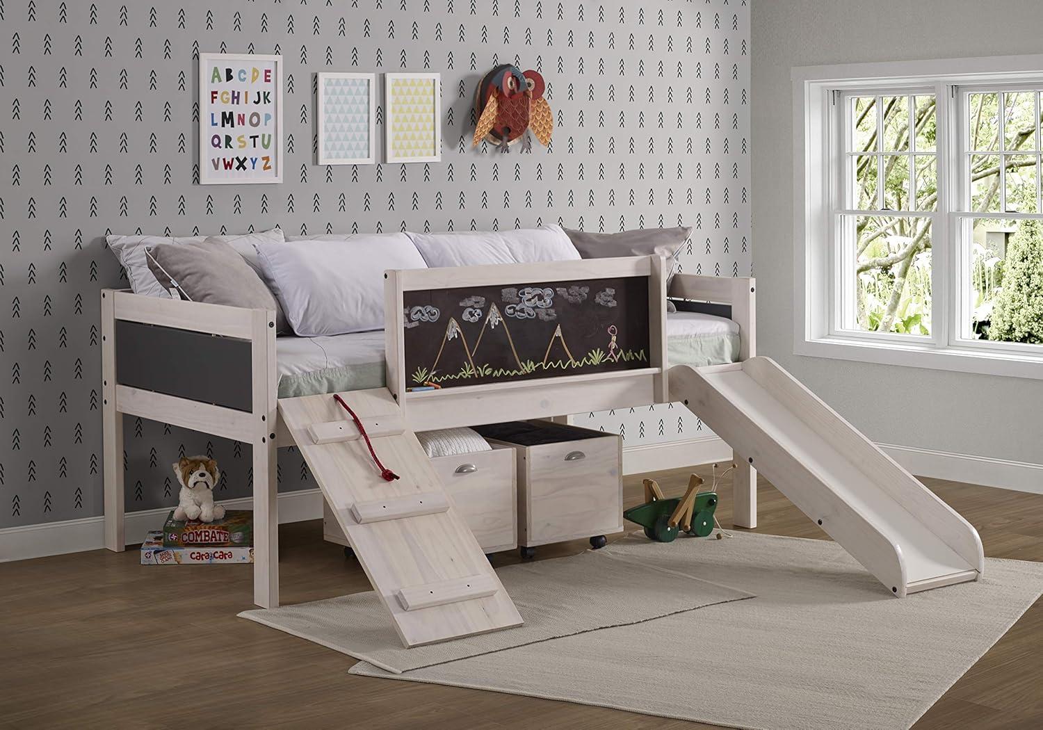 White Wash Pine Twin Loft Bed with Toy Boxes and Slide