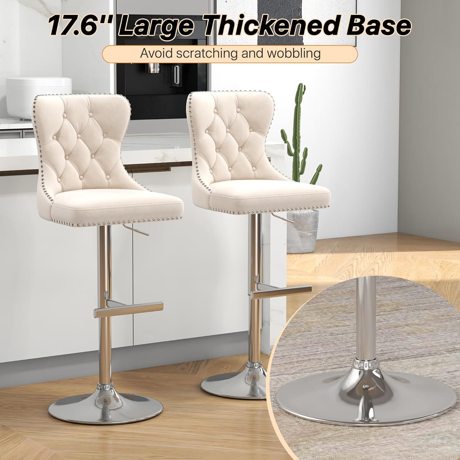 Swivel Bar Stools Set of 2, Height Adjustable Dining Chairs with Rivets, Button Tufted Back and Metal Footrest, Velvet Upholstered Side Chairs, Armless Chairs for Dining Room Bar Kitchen Island
