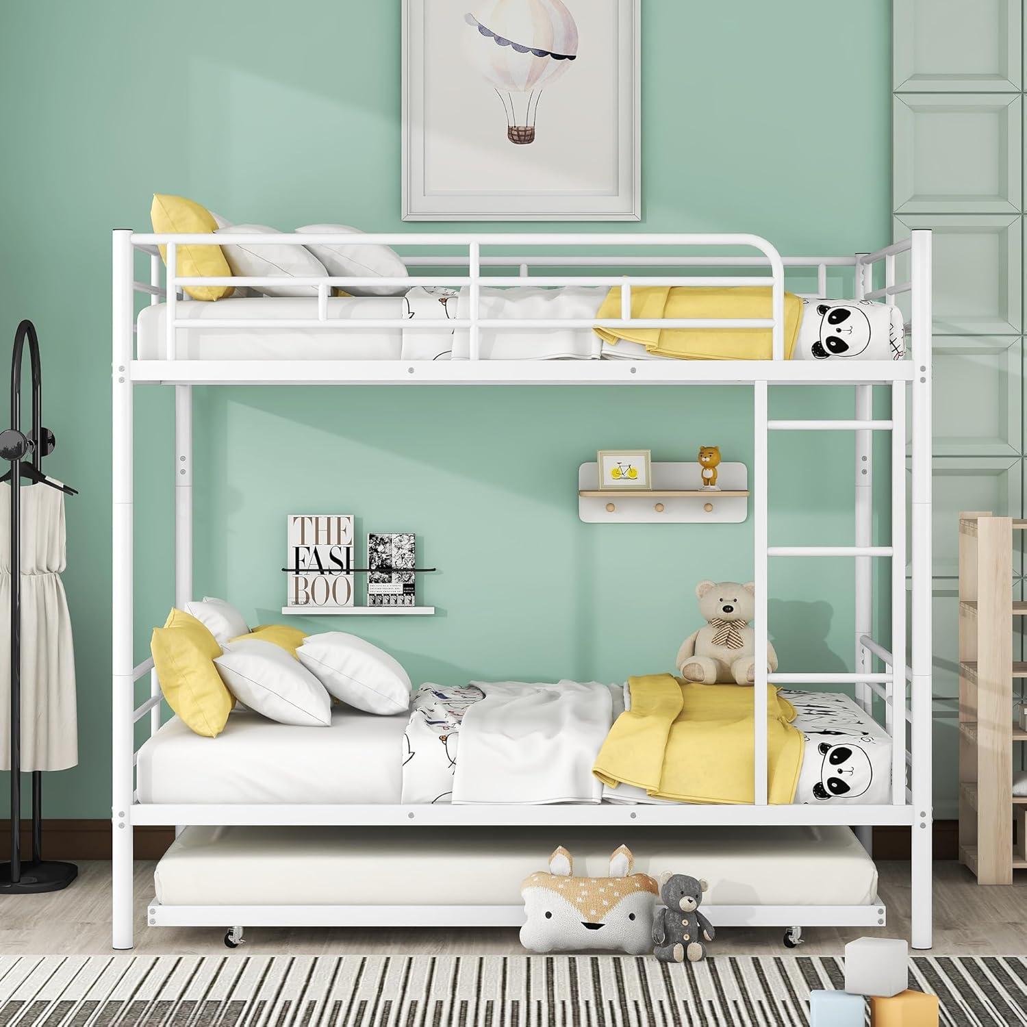 Harper & Bright Designs Full Over Full Metal Bunk Bed with Trundle, Ladder & High Guardrail, Able to Split, Noise Free, Heavy-Duty Steel Loft Bed Frame with Safety Rail for Bedroom, Dorm (White)
