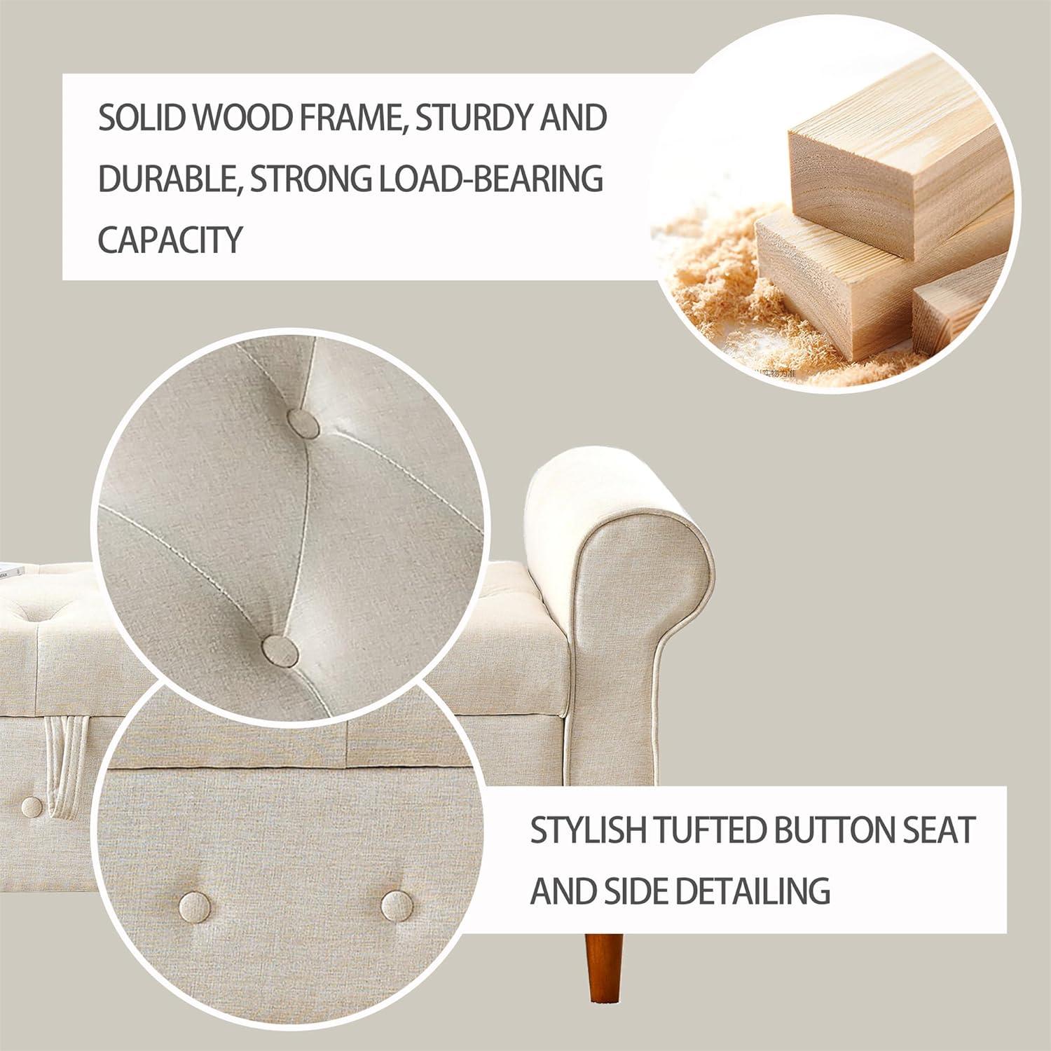 62"" Bedroom Tufted Button Storage Bench, Long Linen Upholstered Storage Ottoman Bench with Rolled Armrest, End of Bed Bench, Window Bench for Bedroom, Living Room, Entryway (Beige), 1