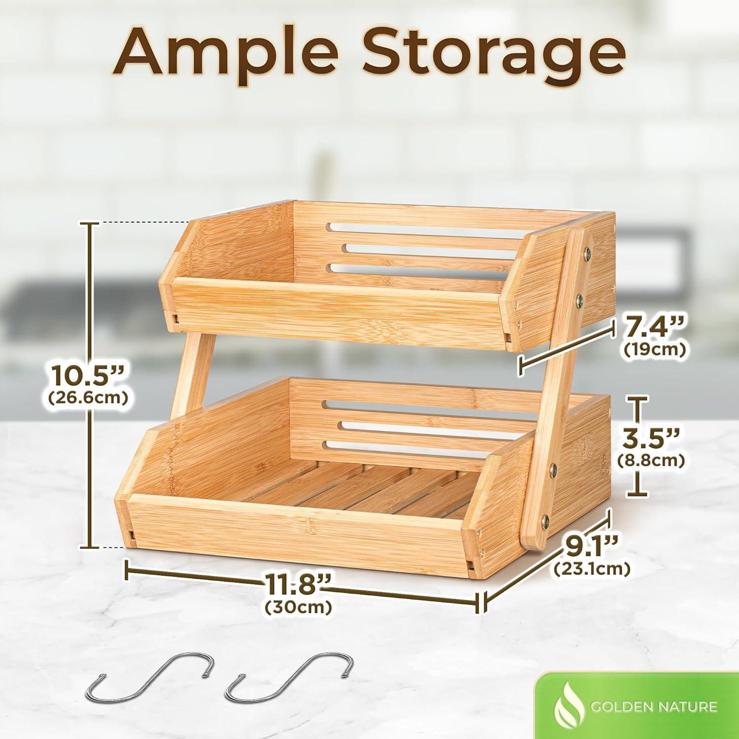 Bamboo Basket for Kitchen Counter Fruit & Vegetable Storage, Two Tier Wooden Fruit Bowl by Golden Nature