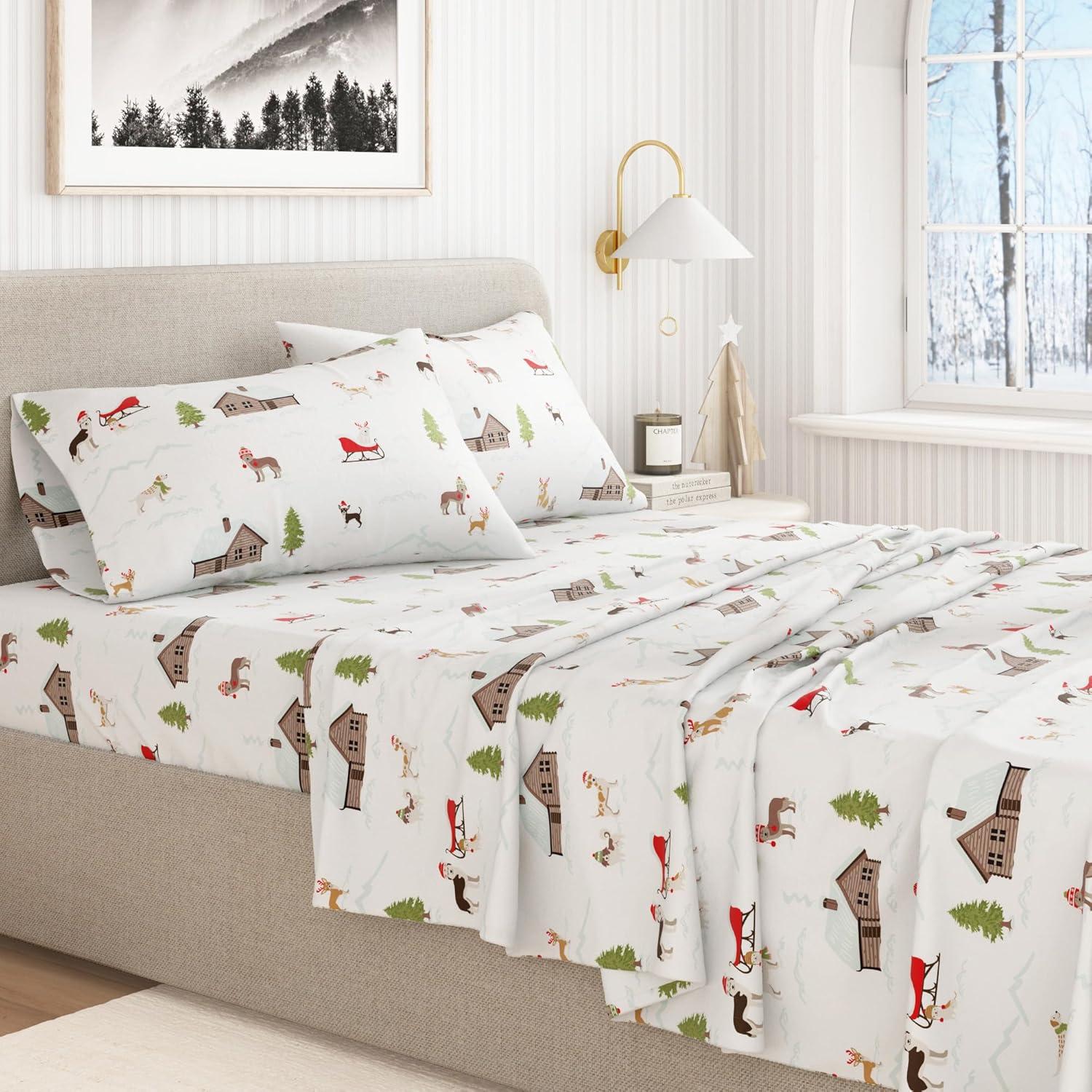 100% Cotton Holiday Flannel Sheet Set - Great Bay Home (Queen, Pups with Hats)