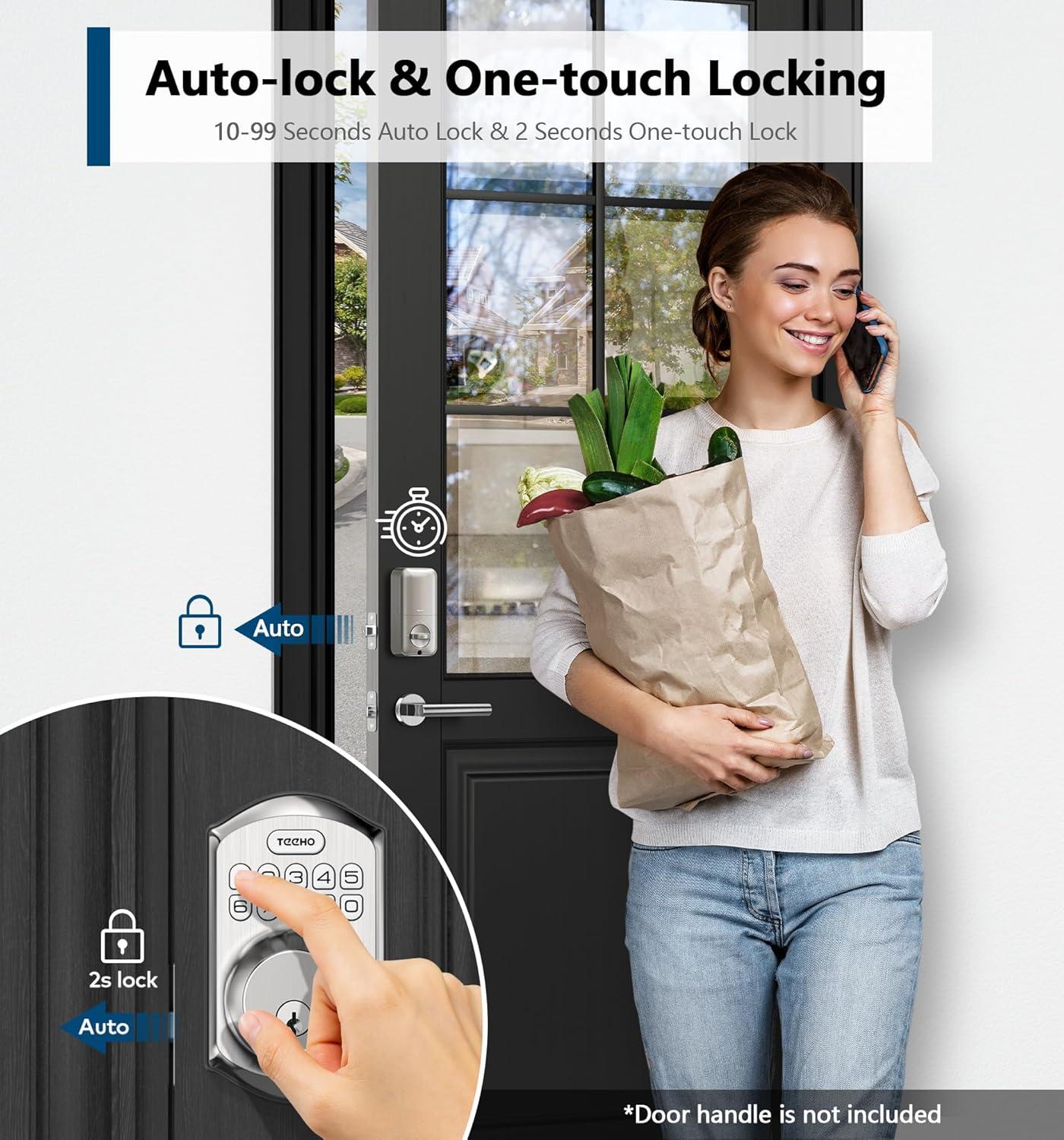 Teeho Fingerprint Keypad Keyless Entry Smart Door Lock, Electronic Deadbolt, Easy Installation, Satin Nickel, Size: