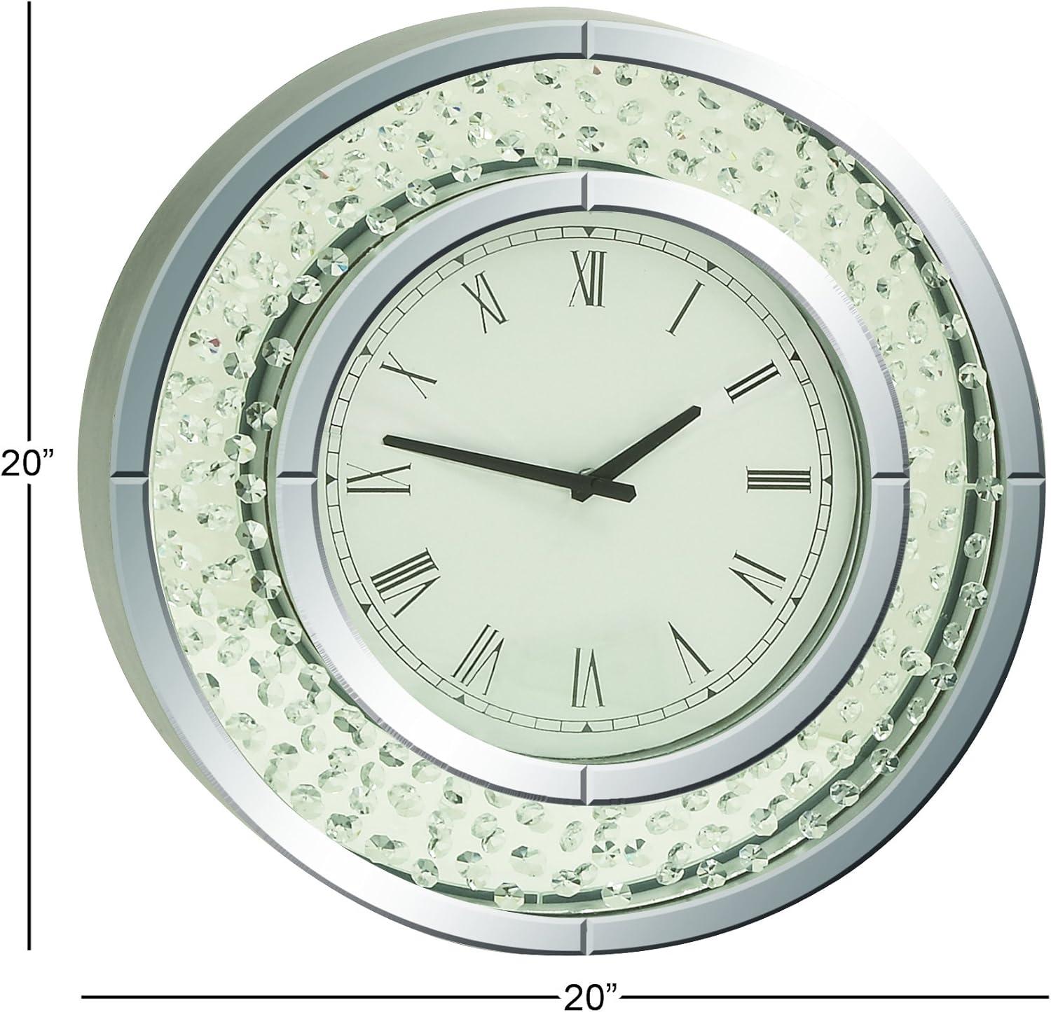 DecMode 20" White Glass Mirrored Wall Clock with Floating Crystals